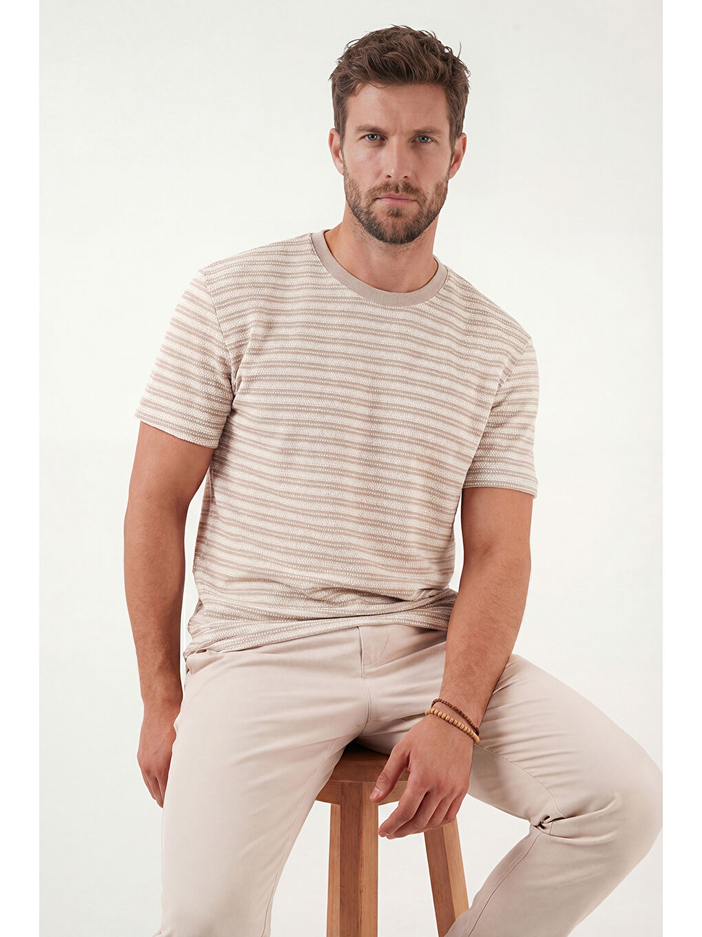 Bej Pamuklu Regular Fit Bisiklet Yaka T Shirt 5904027-2