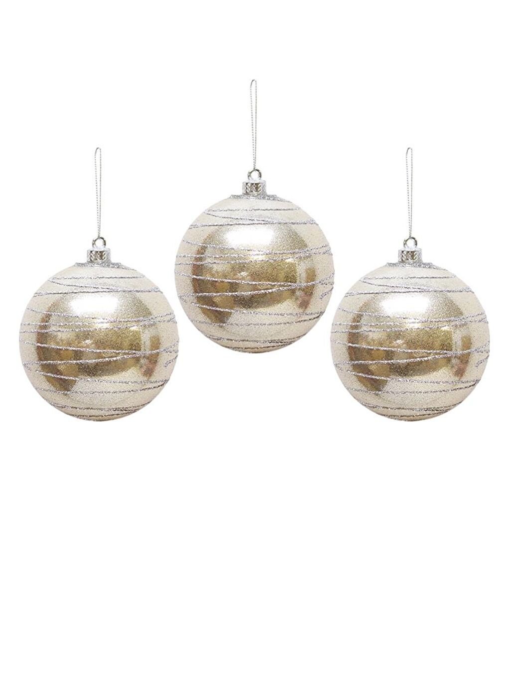 Ekru Yılbaşı Topu Gümüş Işıltılı Simli Çam Ağacı Süsü Işıltılı Açık Krem 8 cm 3'lü-1