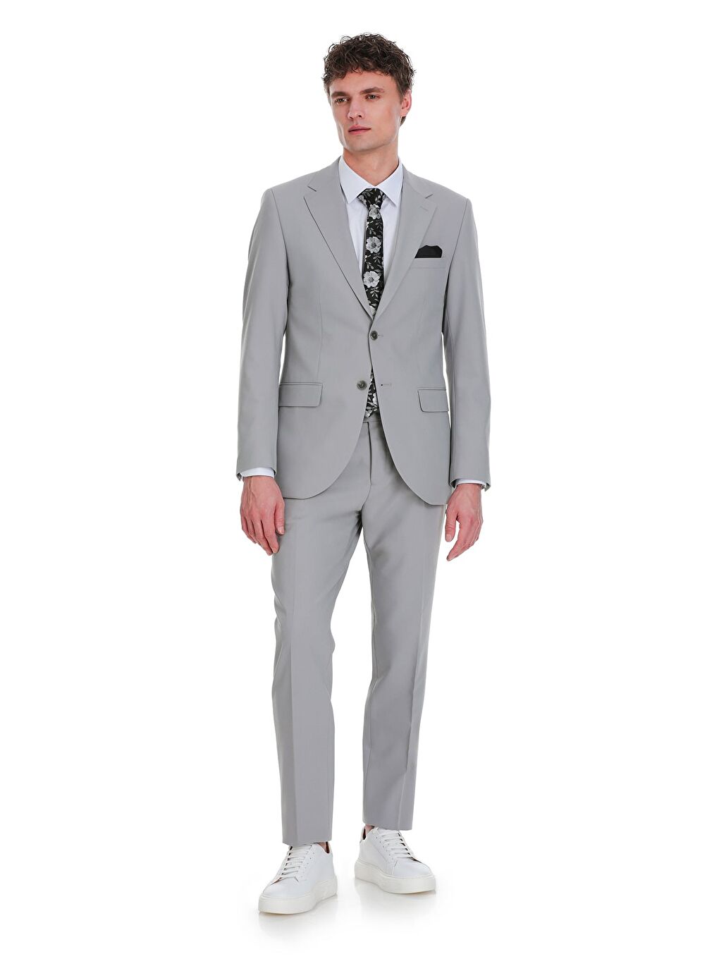 Gri Slim Fit Mono Yaka Klasik Takım Elbise