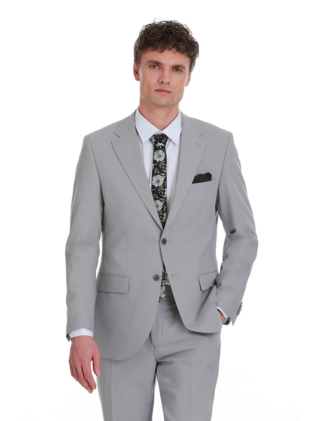 Gri Slim Fit Mono Yaka Klasik Takım Elbise-1