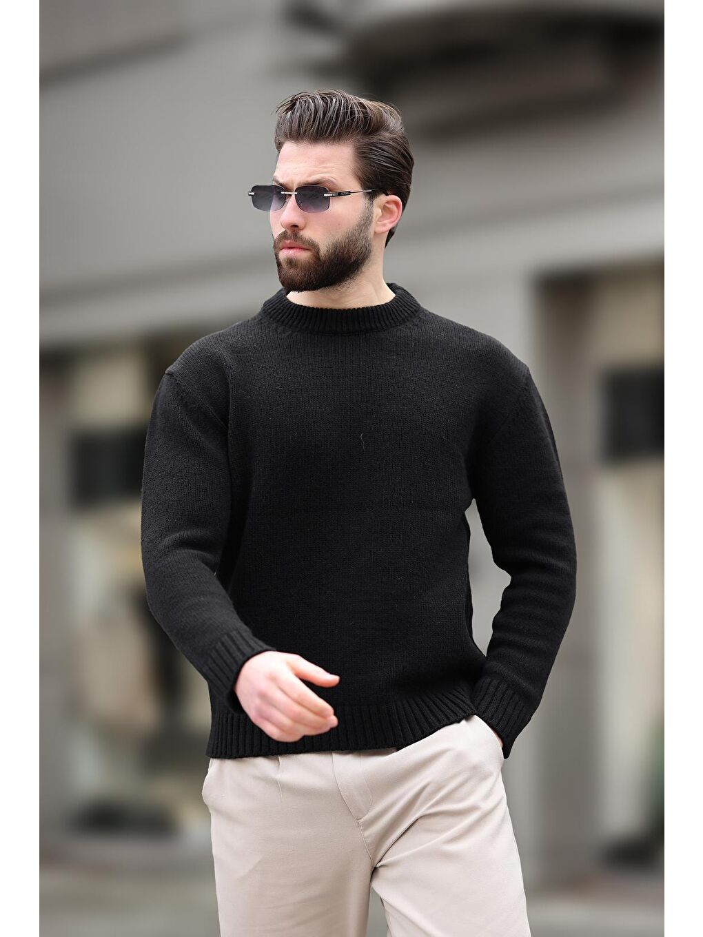 Siyah Bisiklet Yaka Overfit Erkek Triko Kazak E7402-8