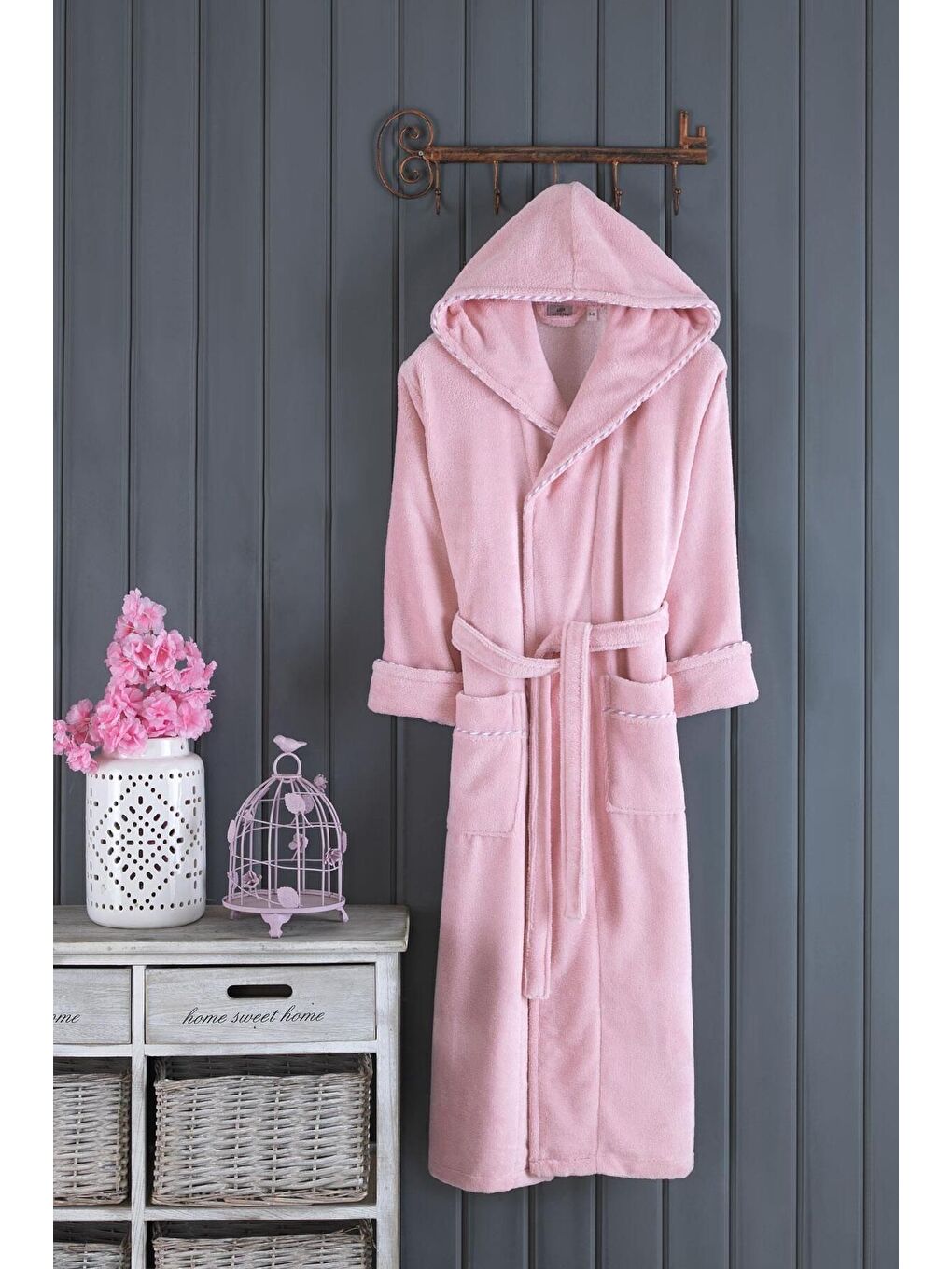 Pembe Biyeli Kapüşonlu Bambu Bornoz PUDRA/XXL