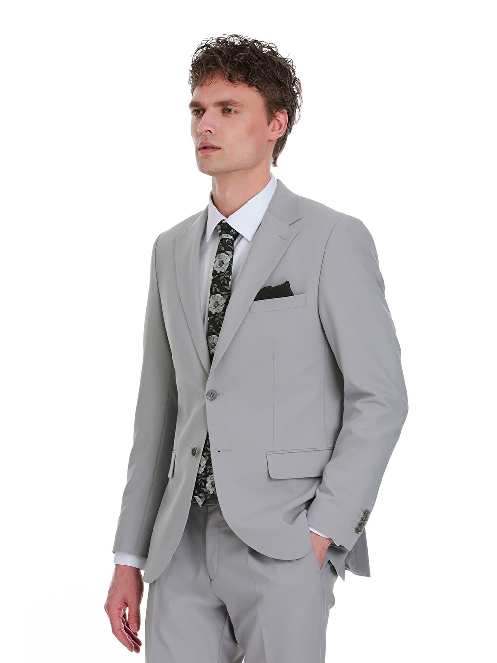 Gri Slim Fit Mono Yaka Klasik Takım Elbise-2