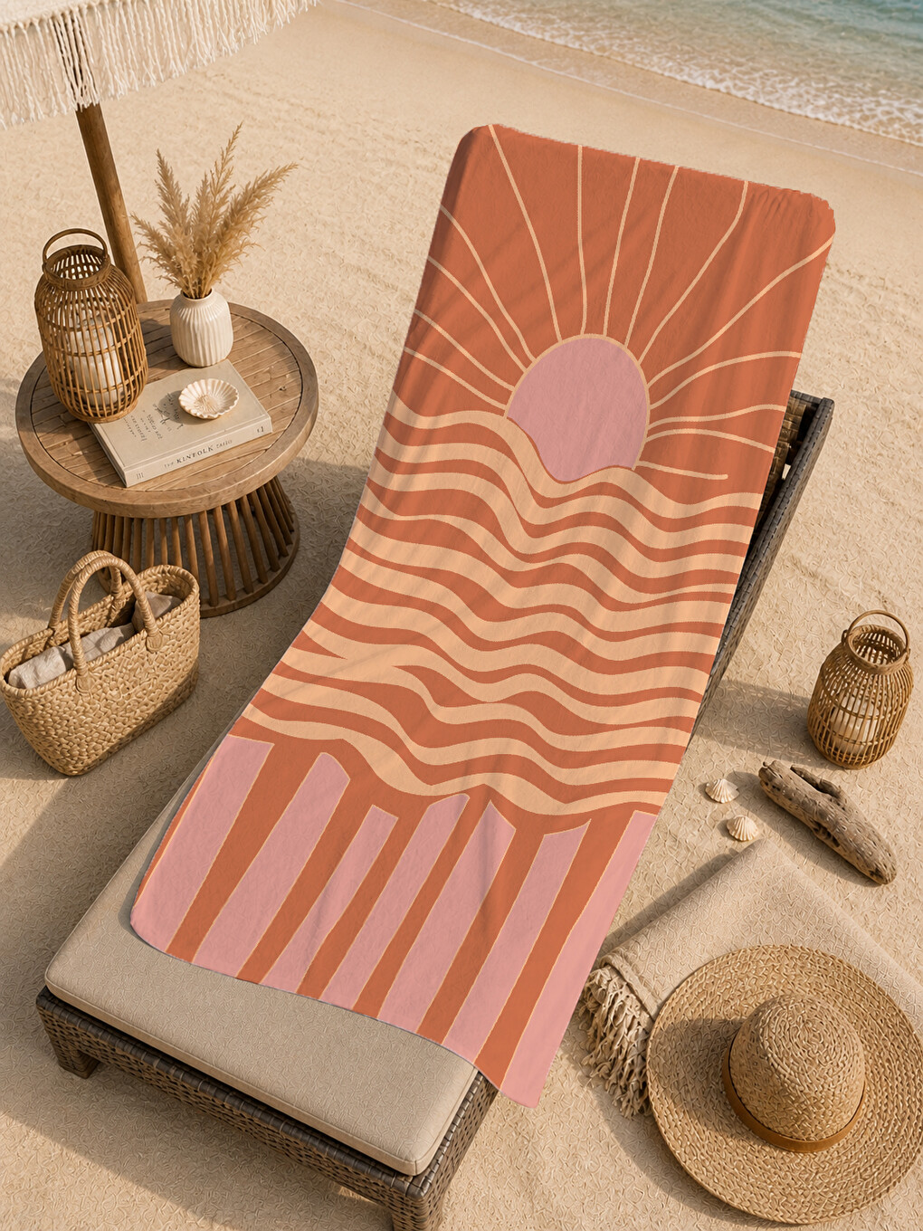 Kiremit Pembe Retro Batımı Ve Dalga Çizgili 70x150 Cm Dijital Baskılı Plaj Ve Banyo Havlusu-4