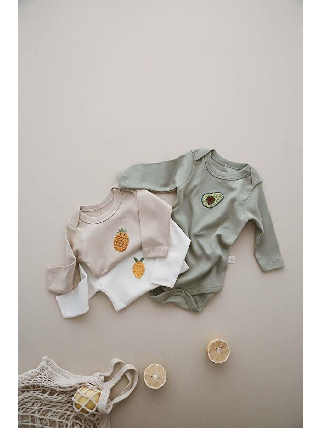 Bej 3Lü Nakışlı Çıt Çıtlı Uzun Kollu Body-Zıbın Model 3-4