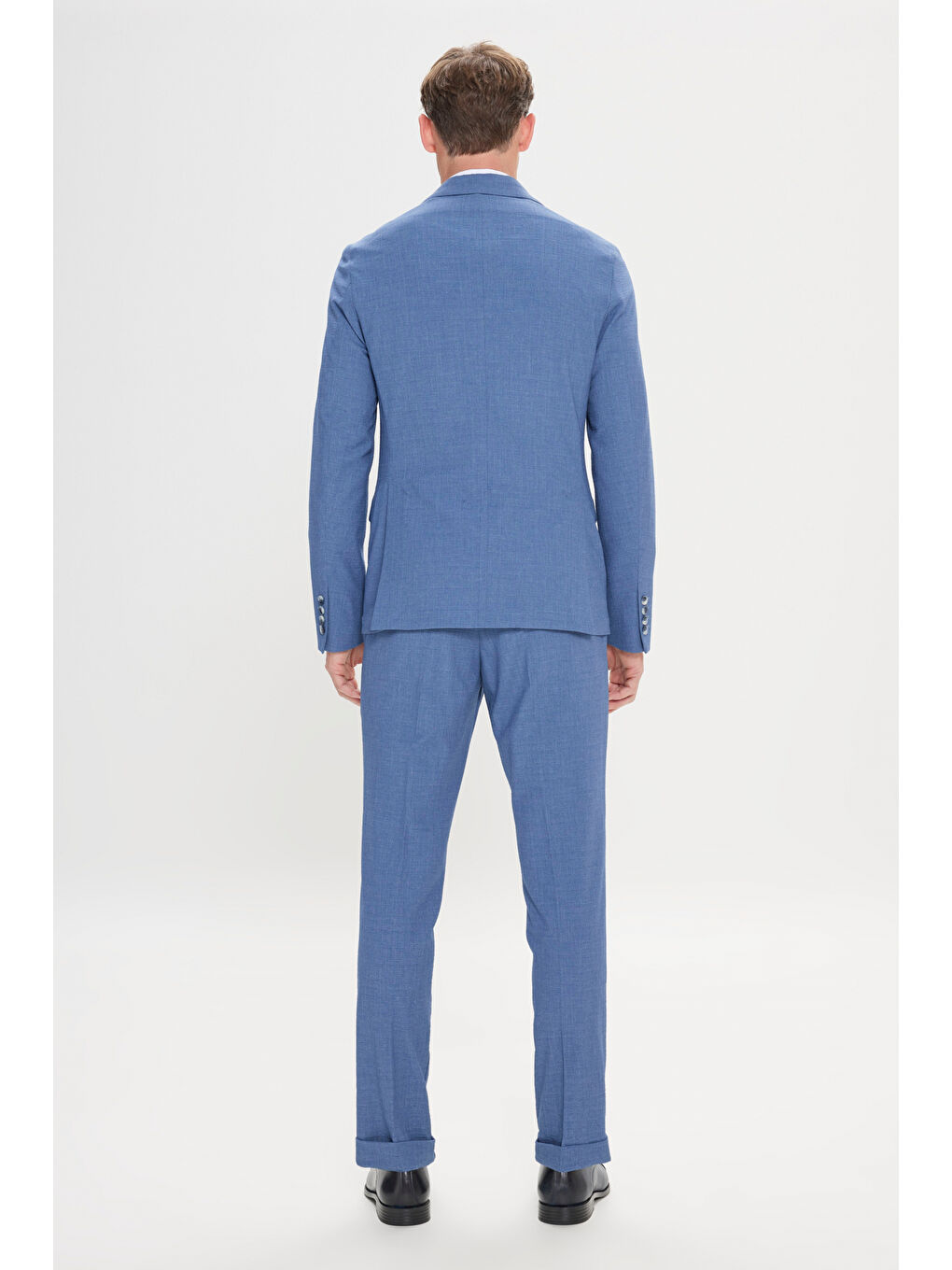 Erkek Mavi Slim Fit Kırlangıç Yaka Gofre Desenli Takım Elbise-7