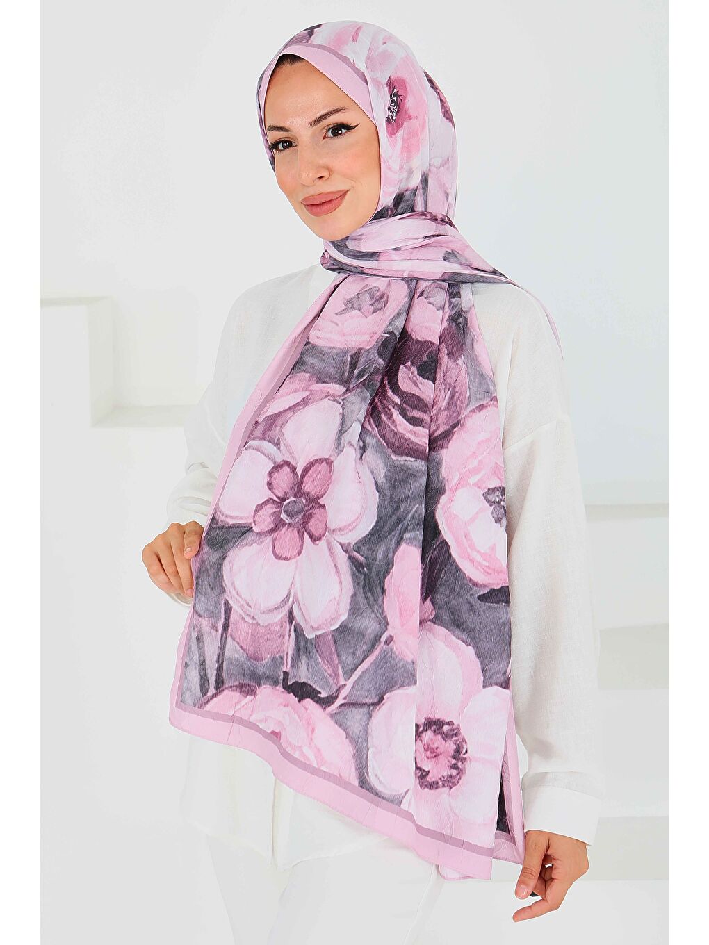 Pembe Desenli Bambu Kare Şal Gül - 27523-2