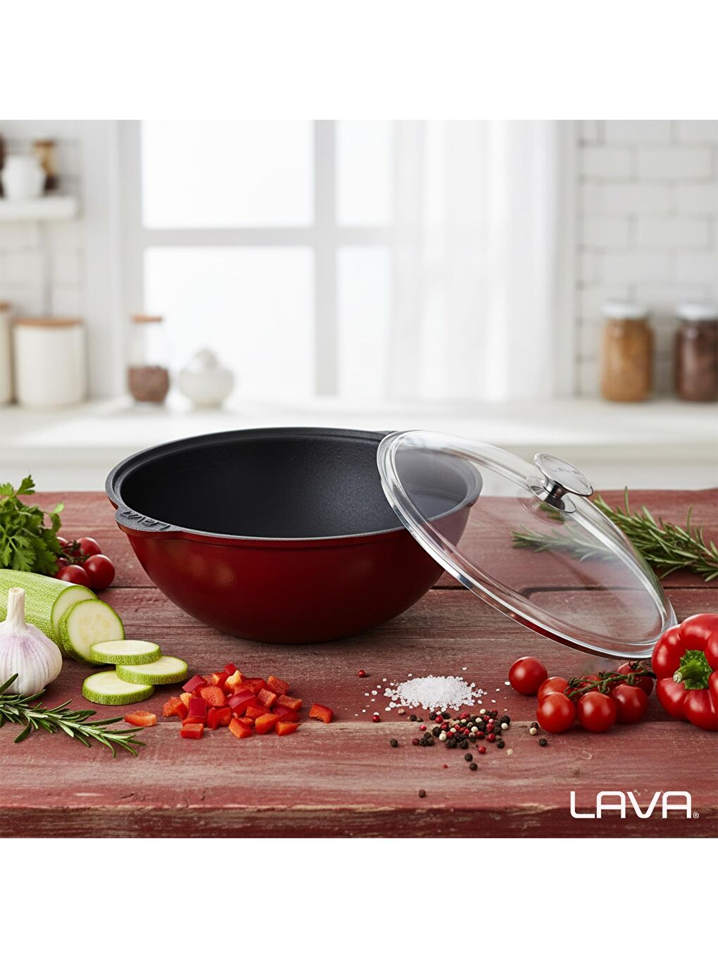 Bordo Yuvarlak Cam Kapaklı Kazan / Tencere. Döküm Demir Yekpare Kulplu Çap(Ø)28 cm.-6