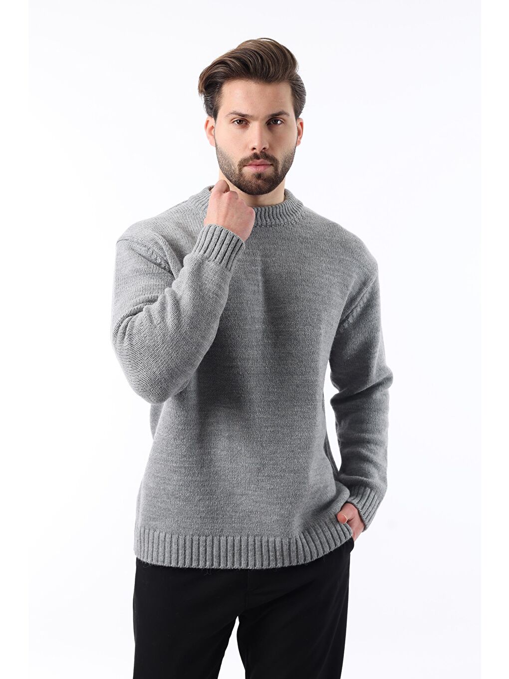 Gri Bisiklet Yaka Overfit Erkek Triko Kazak E7402-1