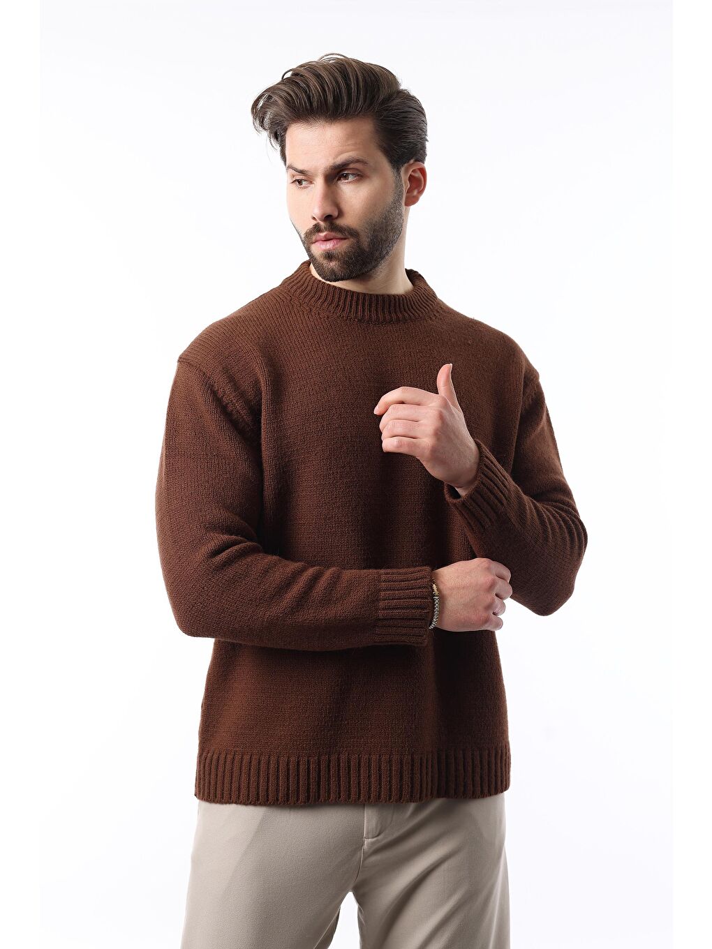 Kahverengi Bisiklet Yaka Overfit Erkek Triko Kazak E7402-2