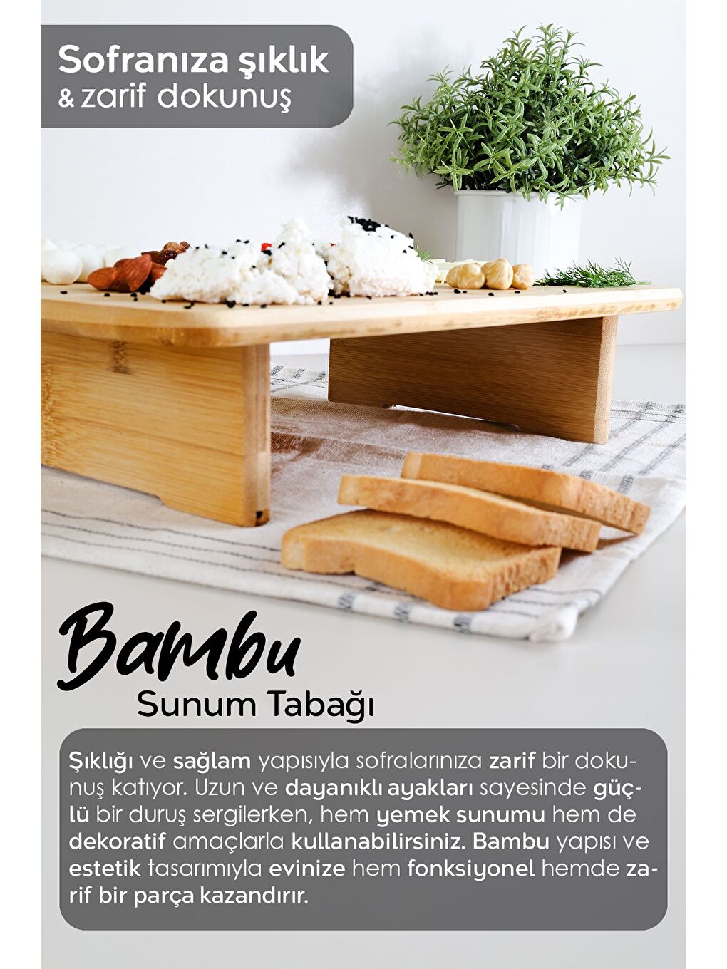 Bej Ayaklı Dikdörtgen Bambu Kesme Tahtası Kesim Panosu Doğrama Tahtası Sunu mluk Peynir Sunum Tahtası-1