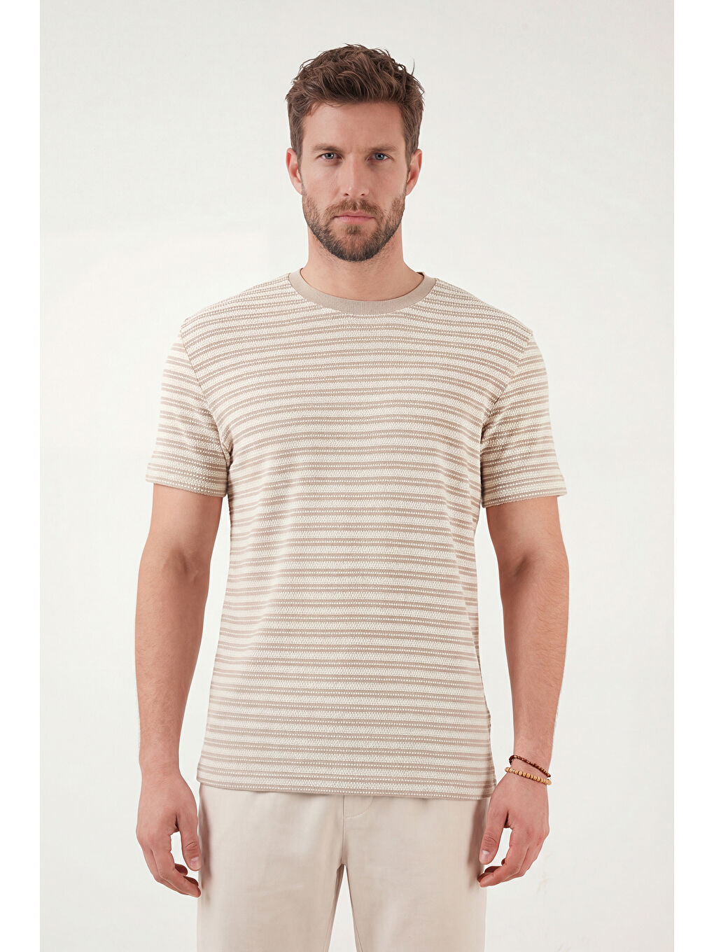 Bej Pamuklu Regular Fit Bisiklet Yaka T Shirt 5904027-3