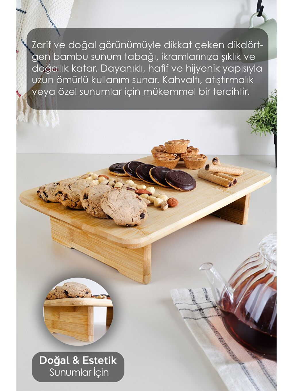 Bej Ayaklı Dikdörtgen Bambu Kesme Tahtası Kesim Panosu Doğrama Tahtası Sunu mluk Peynir Sunum Tahtası-5