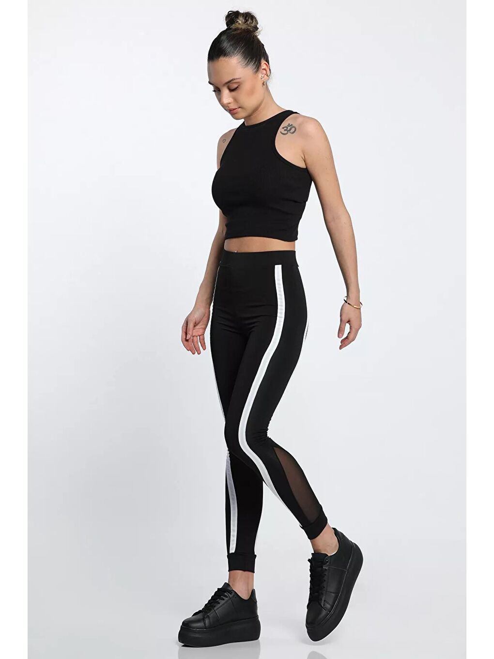 Siyah Yüksek Bel Şeritli Tül Detaylı Kadın Elastanlı Tayt-1