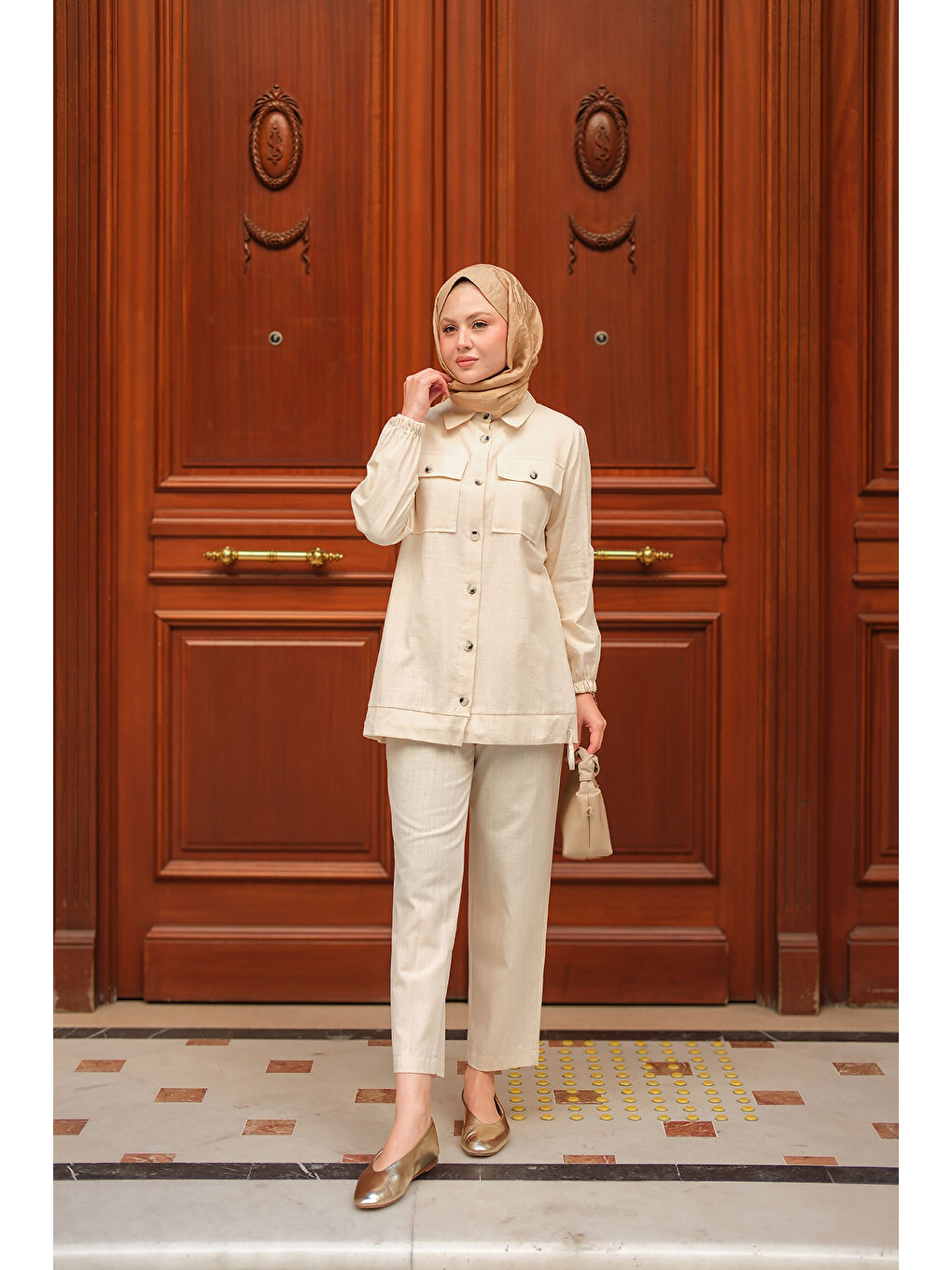 Bej Kadın Kargo Cepli Takım Taş-1