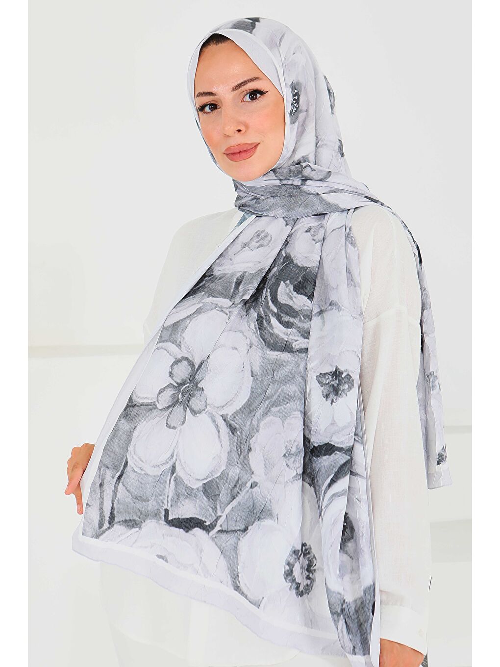 Desenli Bambu Kare Şal Gri - 27523-2