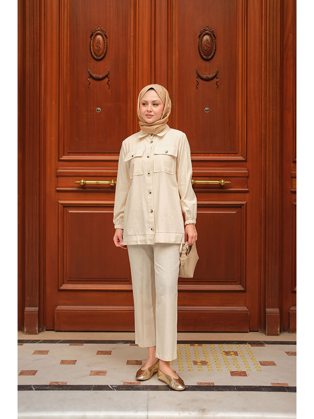 Bej Kadın Kargo Cepli Takım Taş-2