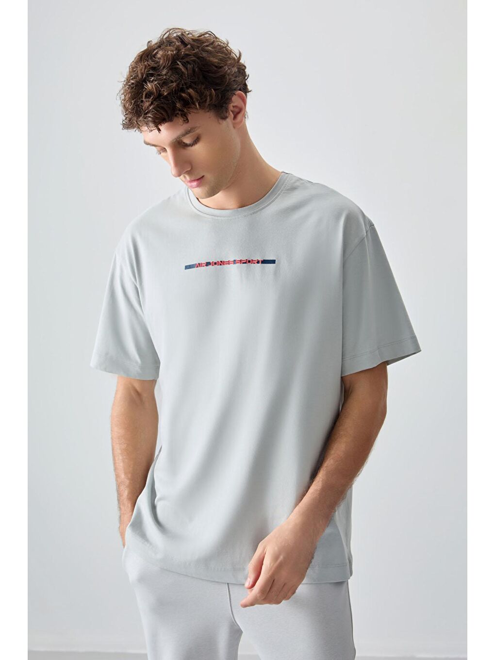 AIR JONES Bej Taş %100 Pamuk Kalın Yumuşak Dokulu Oversize Fit Baskılı Erkek T-Shirt - 88358 - 2