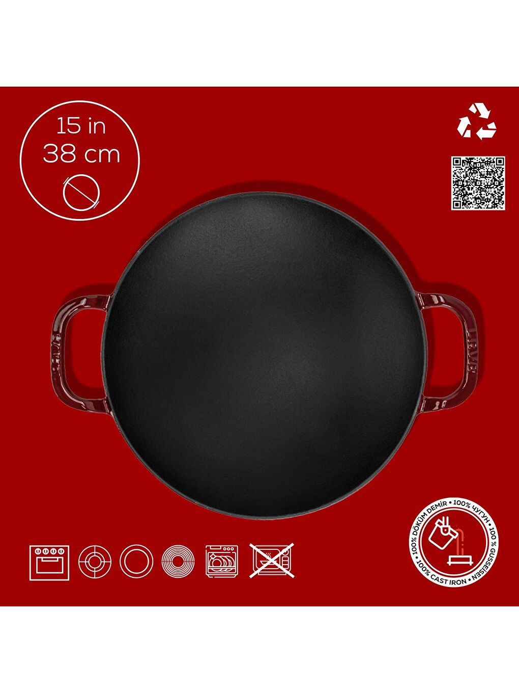Bordo Yuvarlak Wok Döküm Demir Yekpare Çift Kulplu Çap(Ø)38cm.-3