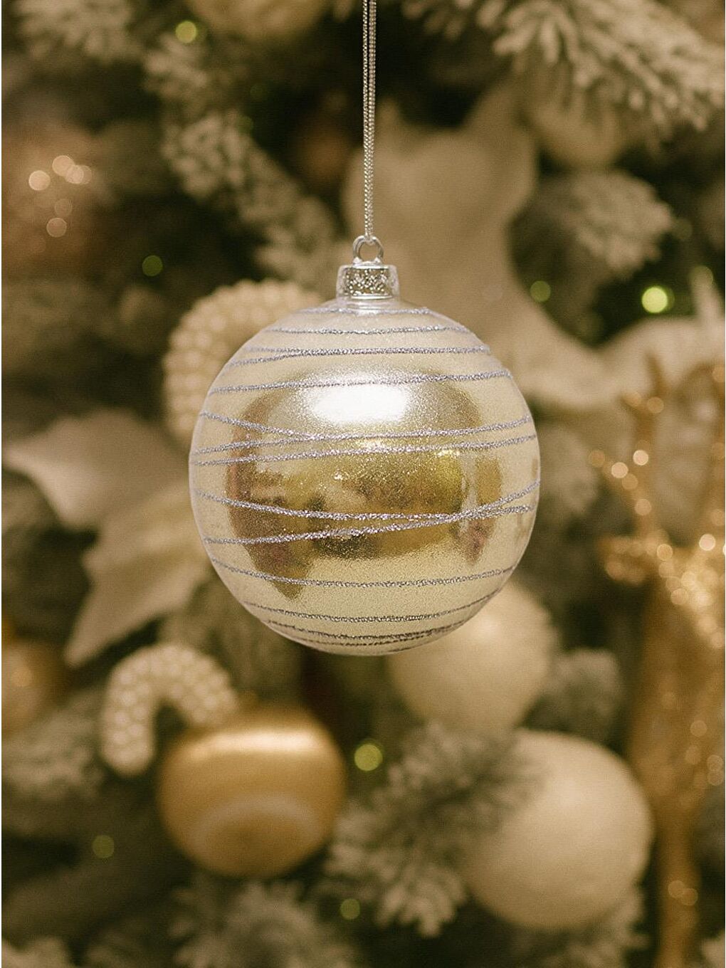 Ekru Yılbaşı Topu Gümüş Işıltılı Simli Çam Ağacı Süsü Işıltılı Açık Krem 10 cm 2'li