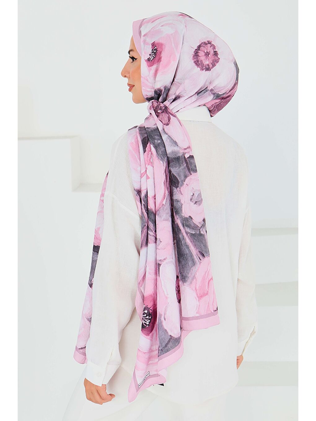 Pembe Desenli Bambu Kare Şal Gül - 27523-3