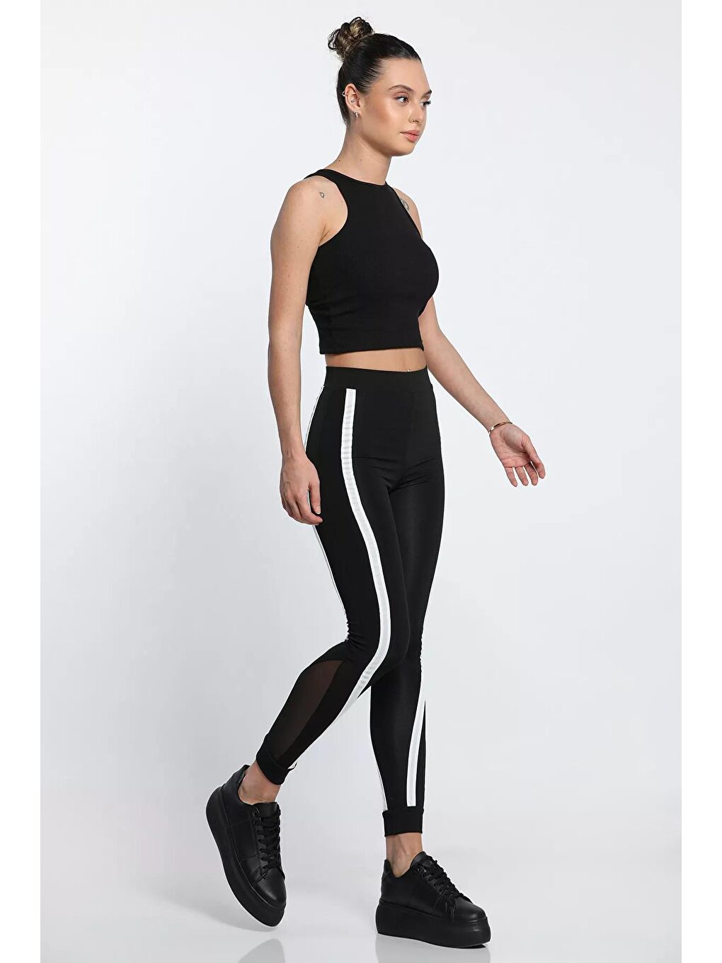 Siyah Yüksek Bel Şeritli Tül Detaylı Kadın Elastanlı Tayt-2