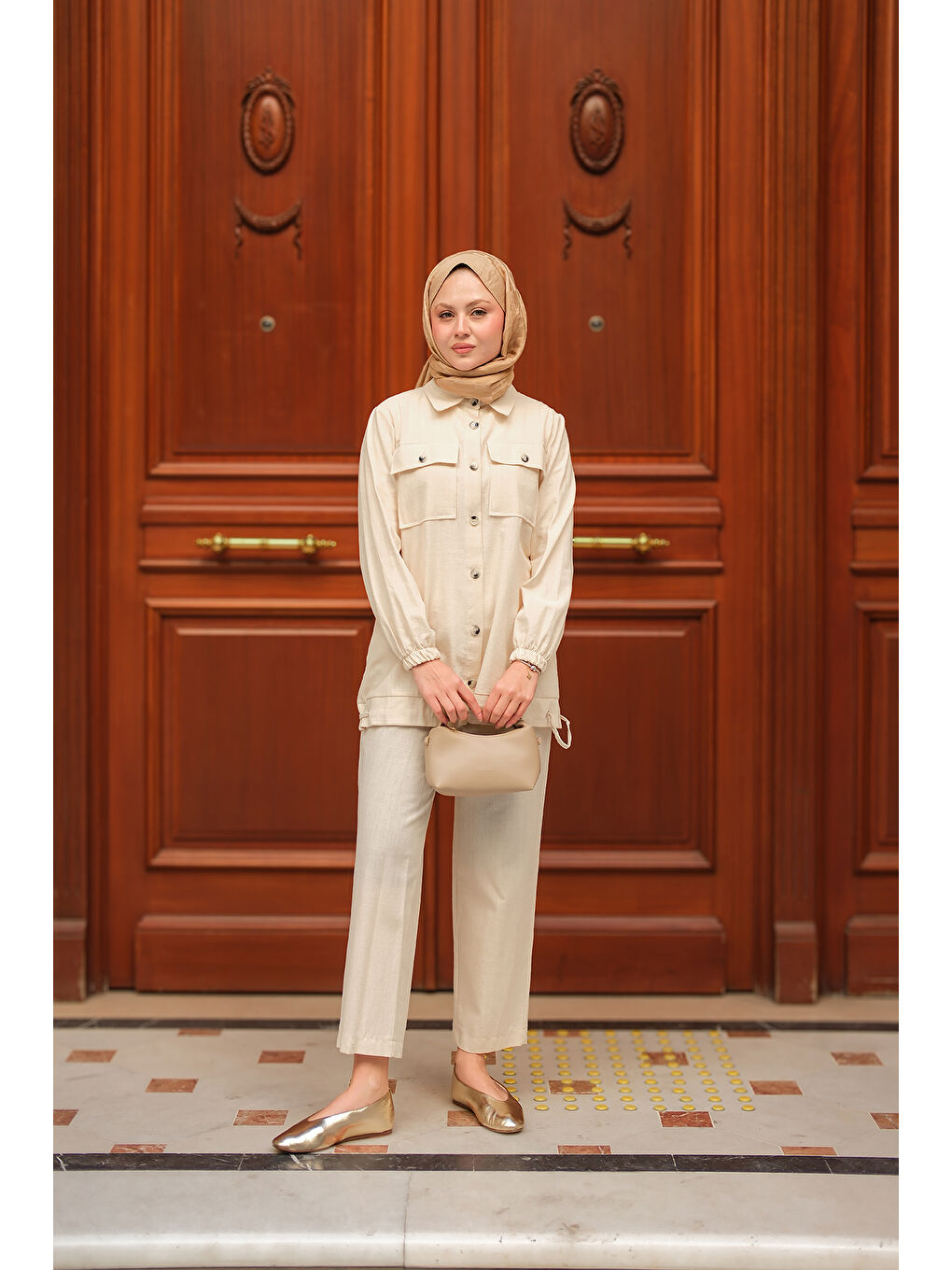 Bej Kadın Kargo Cepli Takım Taş-3