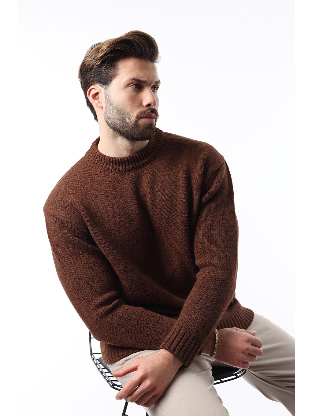 Kahverengi Bisiklet Yaka Overfit Erkek Triko Kazak E7402-3