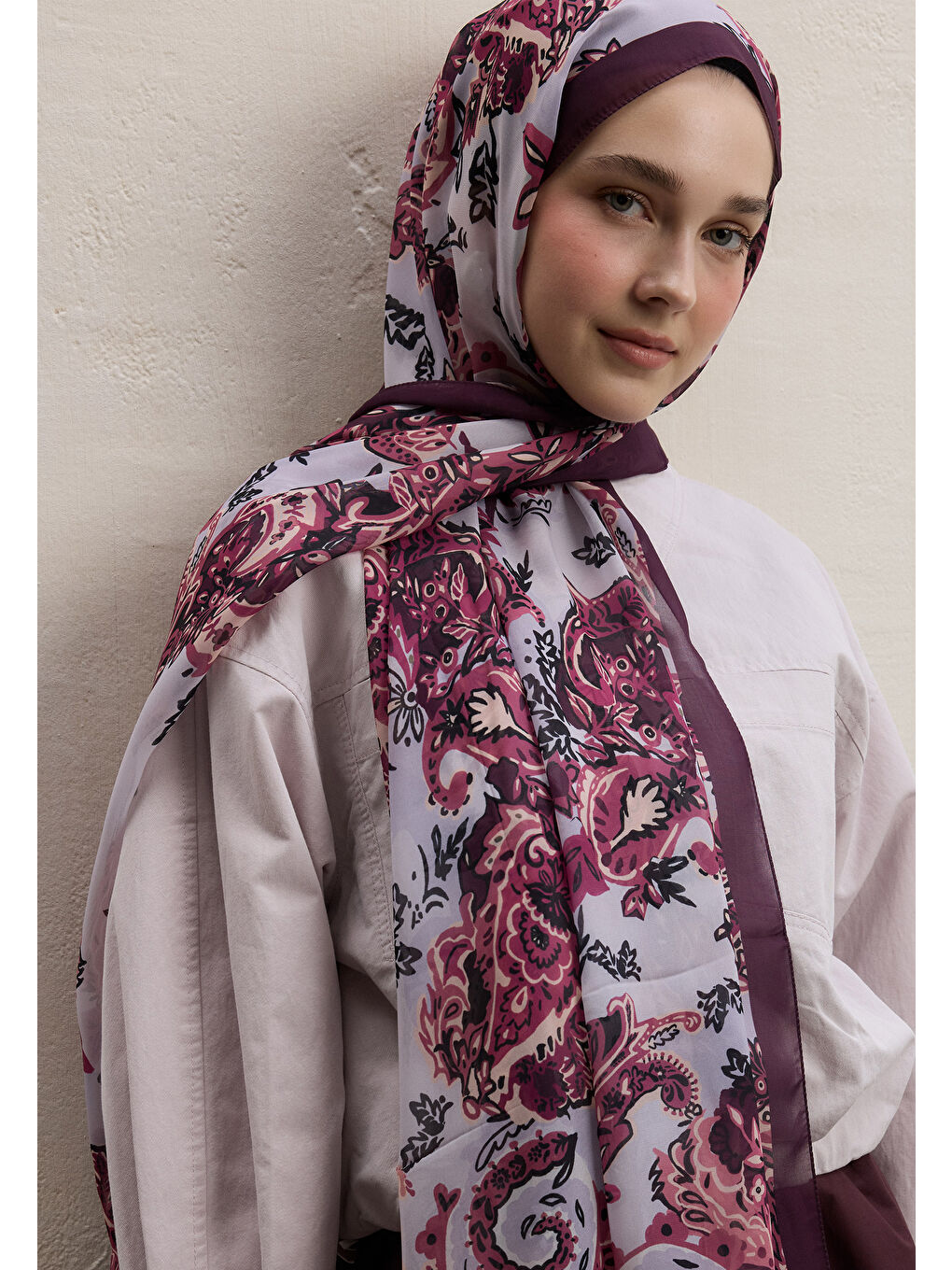 Wıld Flora Desen İpek Krep Şal Mürdüm-1