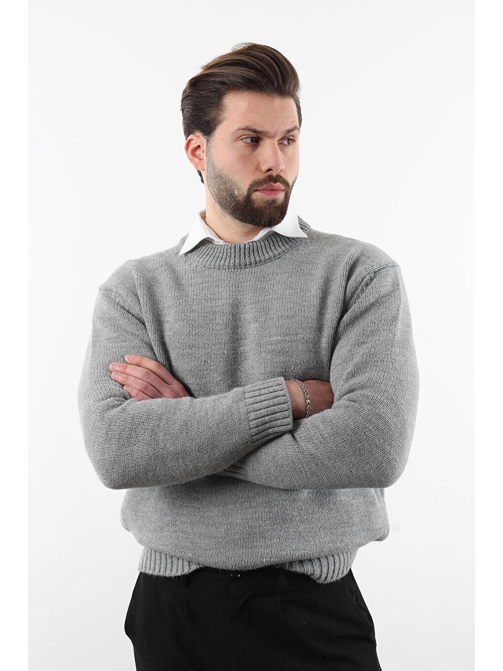 Gri Bisiklet Yaka Overfit Erkek Triko Kazak E7402-2