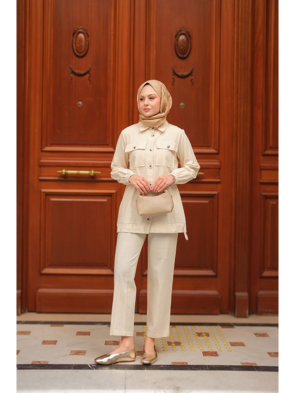 Bej Kadın Kargo Cepli Takım Taş-4