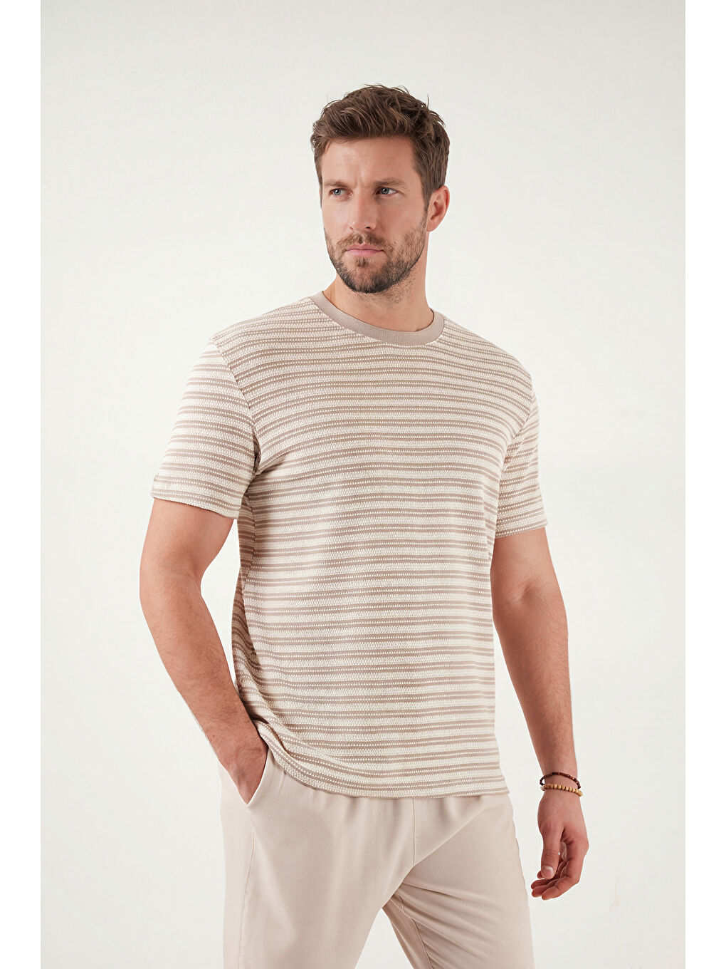 Bej Pamuklu Regular Fit Bisiklet Yaka T Shirt 5904027-4