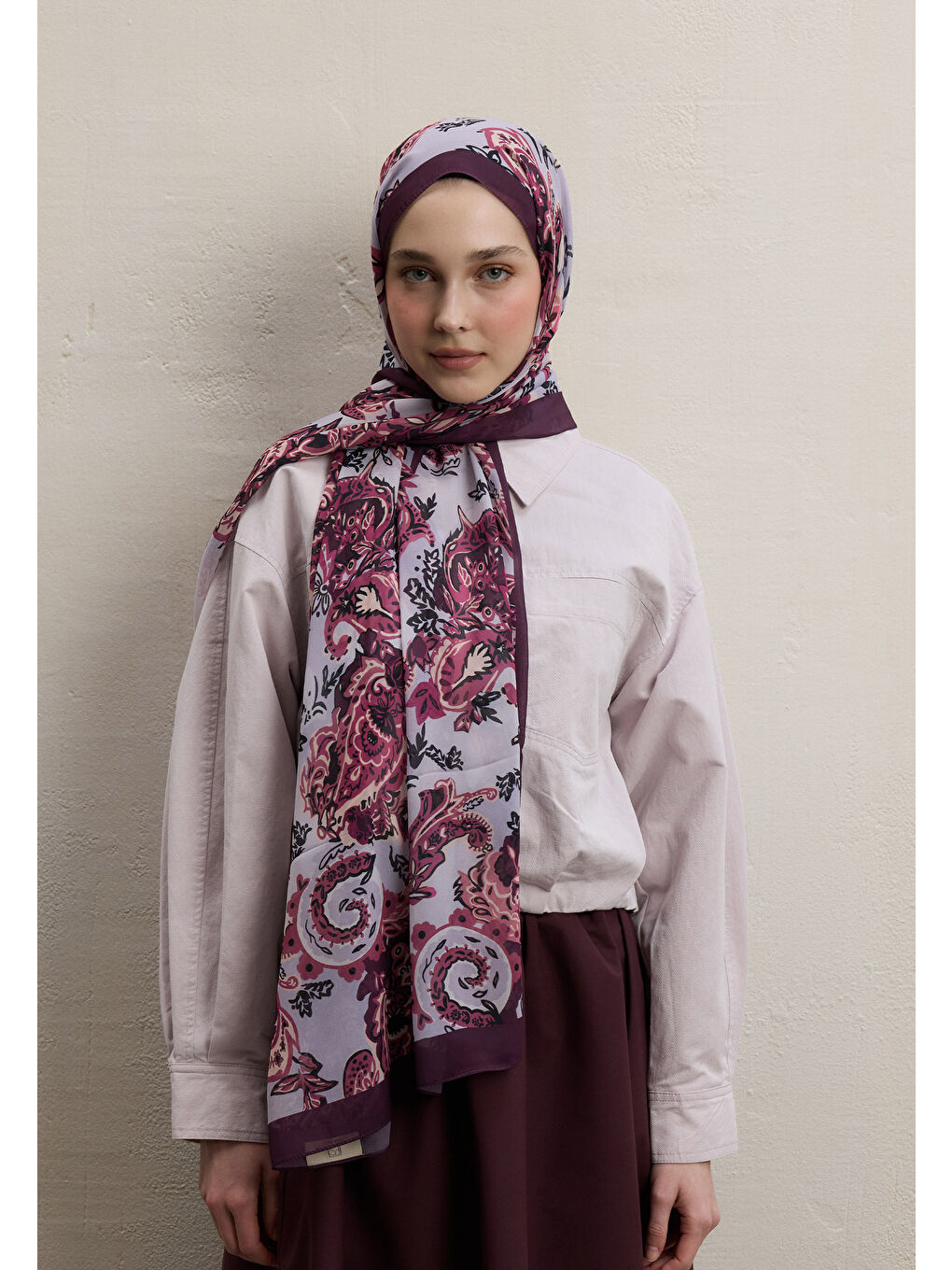 Wıld Flora Desen İpek Krep Şal Mürdüm-2