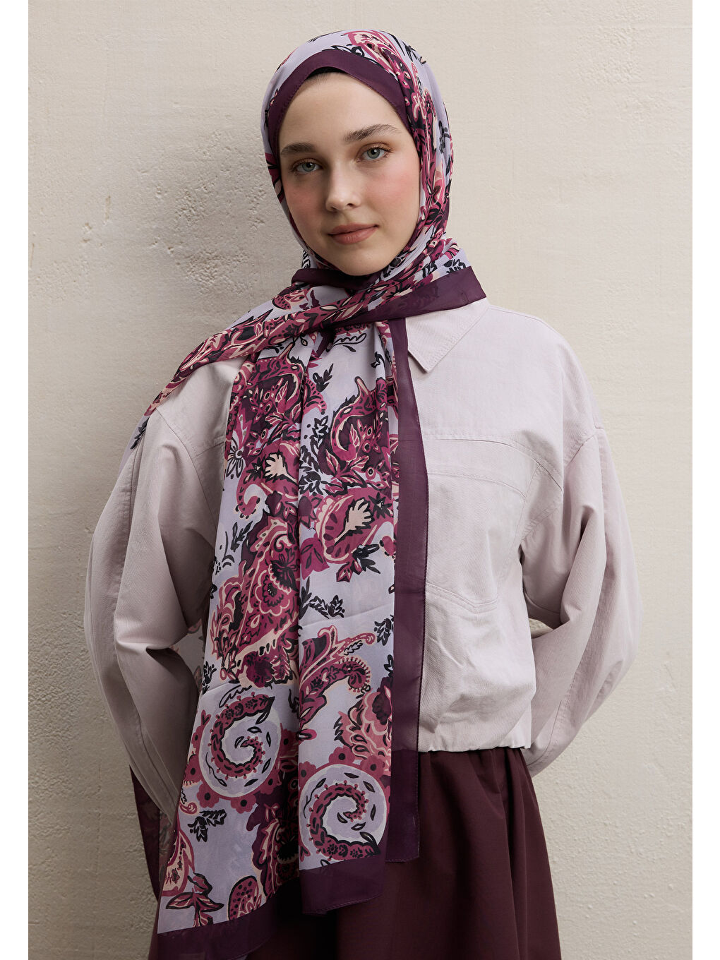 Wıld Flora Desen İpek Krep Şal Mürdüm-3