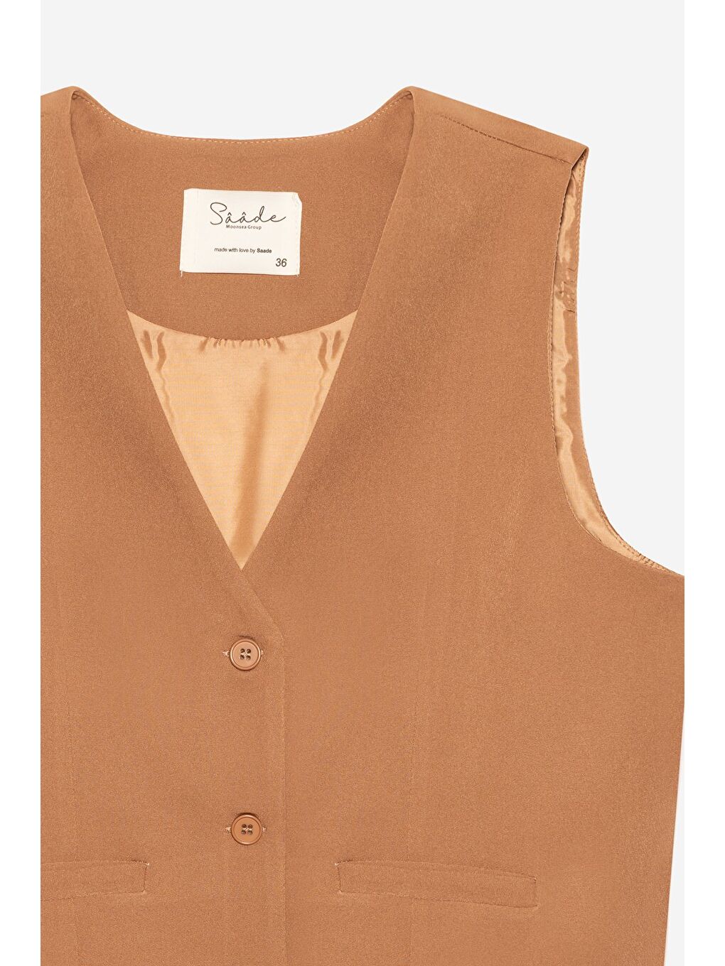 Kahverengi Kamel Kadın V Yaka Düğmeli Klasik Dokuma Blazer Yelek-1