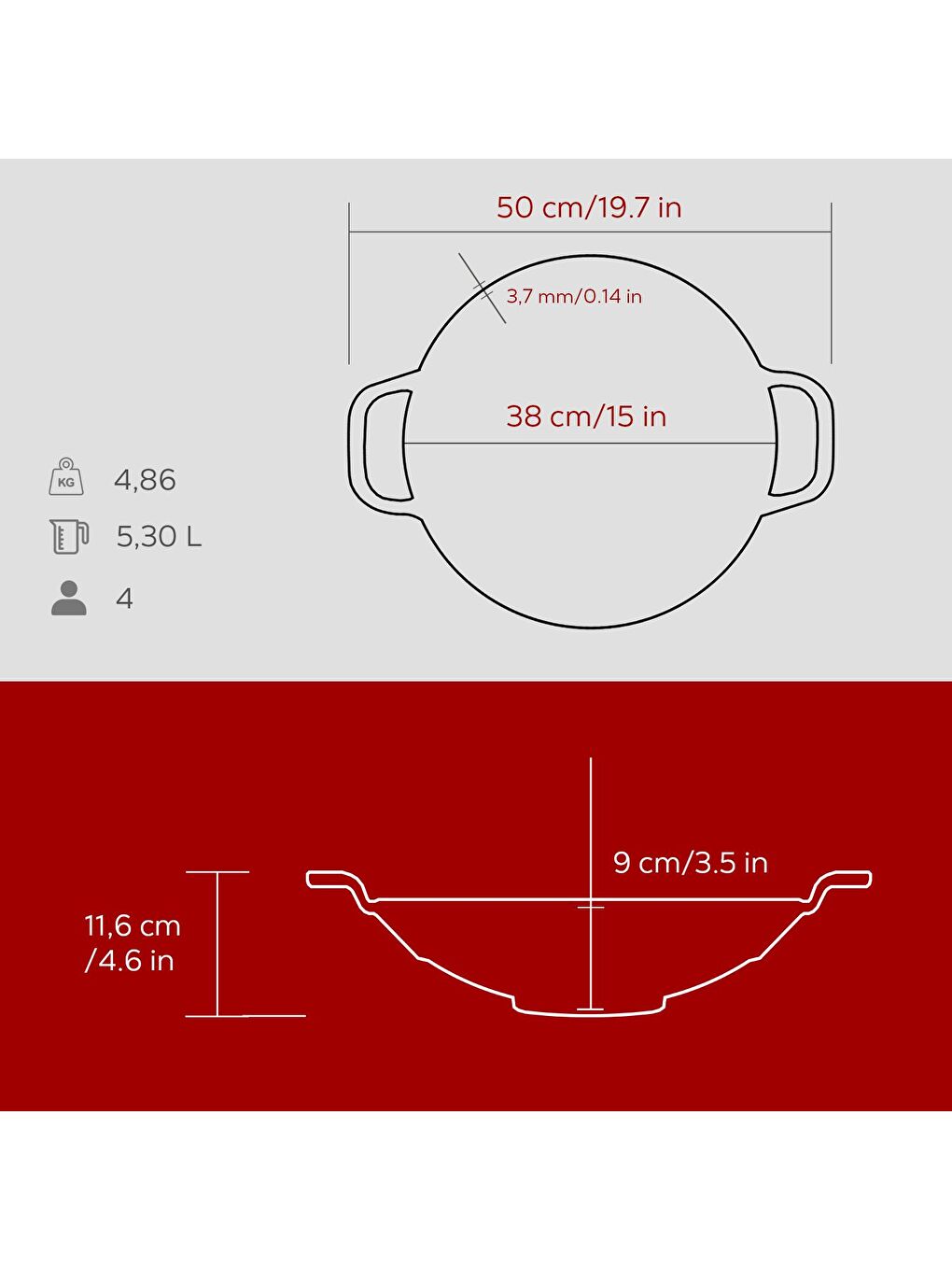 Bordo Yuvarlak Wok Döküm Demir Yekpare Çift Kulplu Çap(Ø)38cm.-4