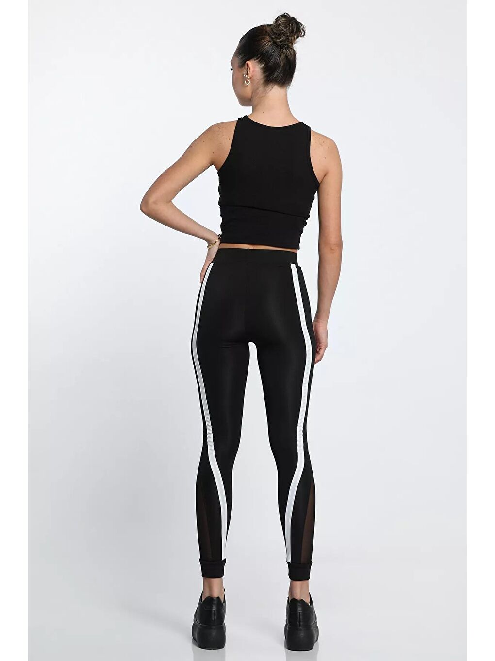 Siyah Yüksek Bel Şeritli Tül Detaylı Kadın Elastanlı Tayt-3