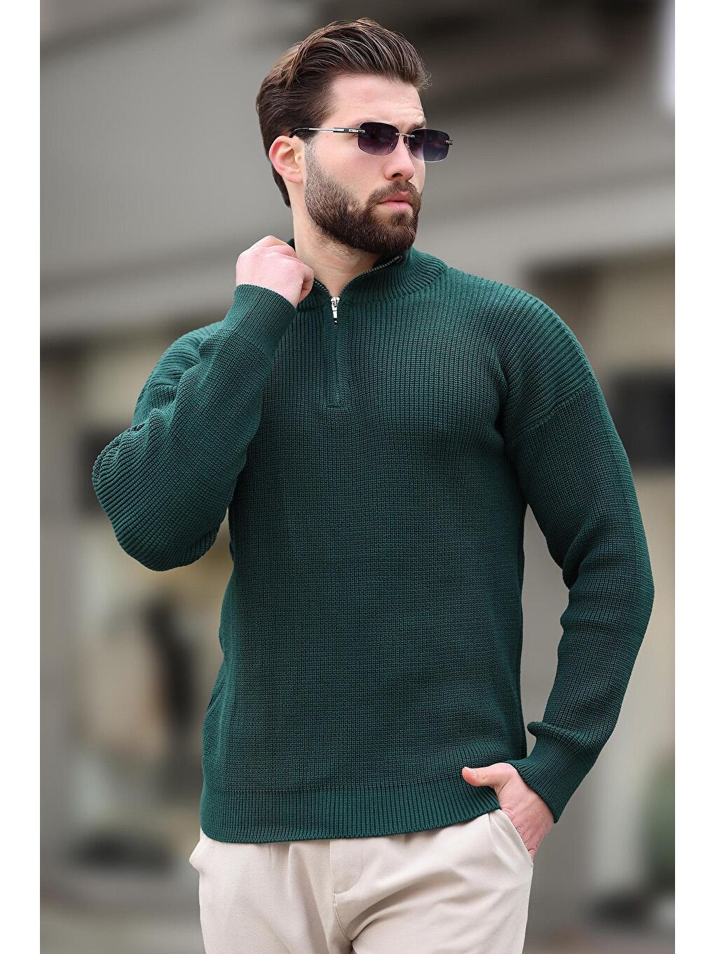 Petrol Yeşili Fermuar Yaka Triko Erkek Kazak E7295