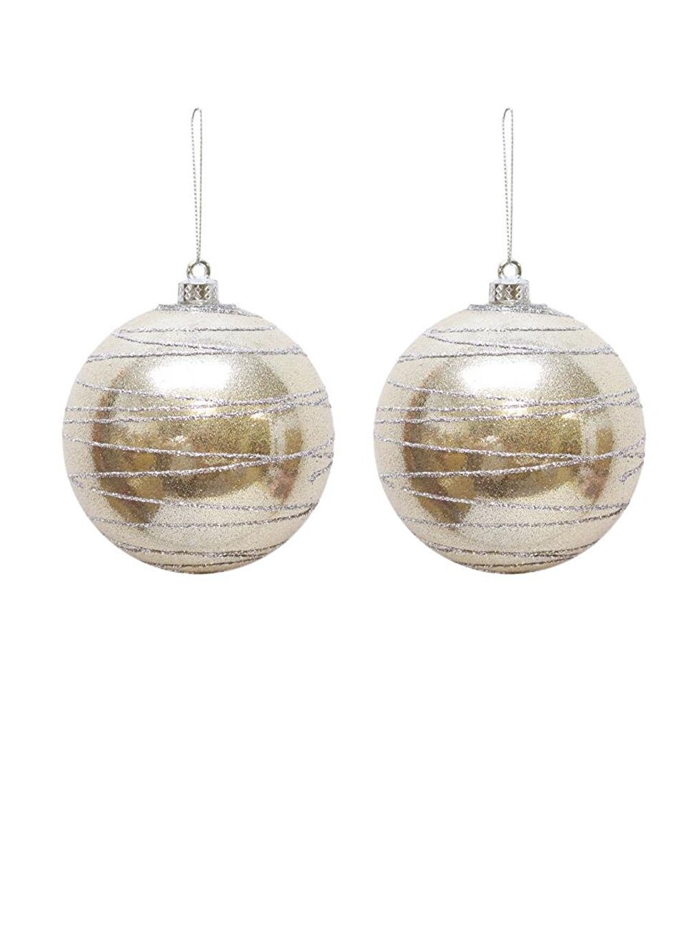 Ekru Yılbaşı Topu Gümüş Işıltılı Simli Çam Ağacı Süsü Işıltılı Açık Krem 10 cm 2'li-1