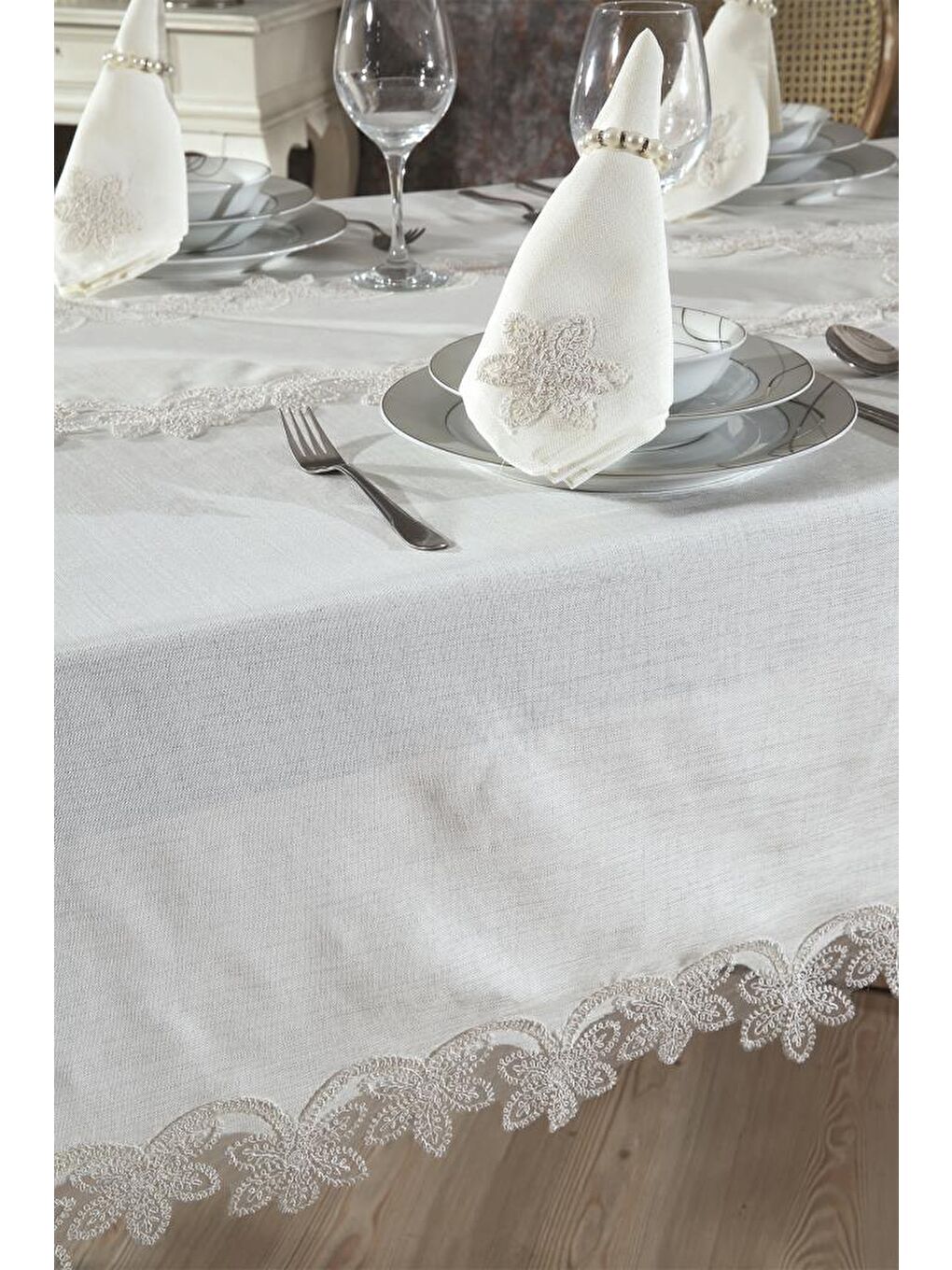 Ekru Latife Masa Örtüsü 26 Parça Krem-2