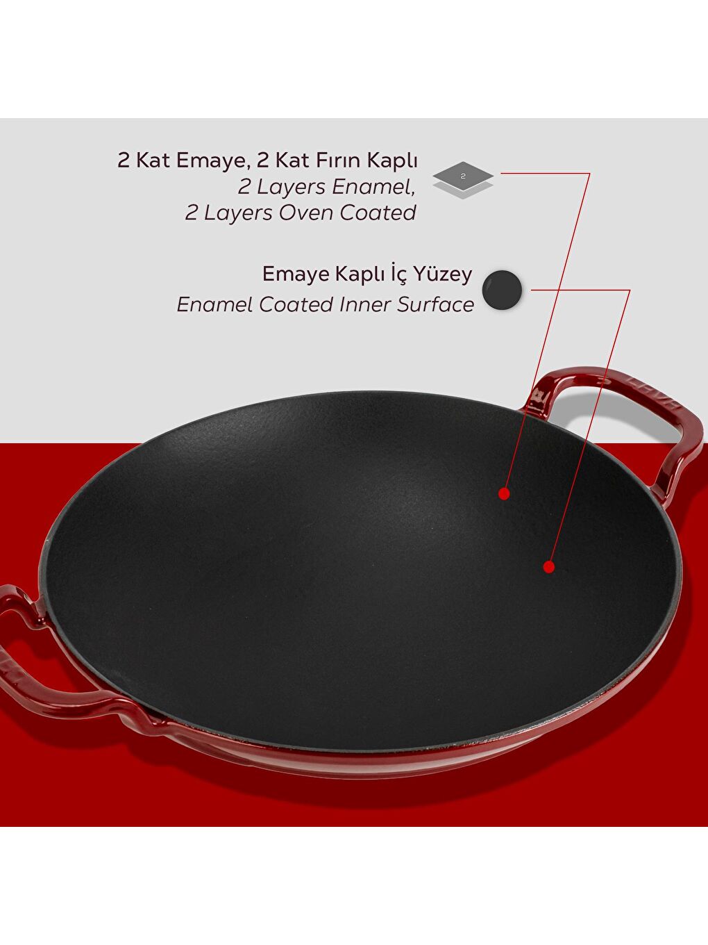 Bordo Yuvarlak Wok Döküm Demir Yekpare Çift Kulplu Çap(Ø)38cm.-5