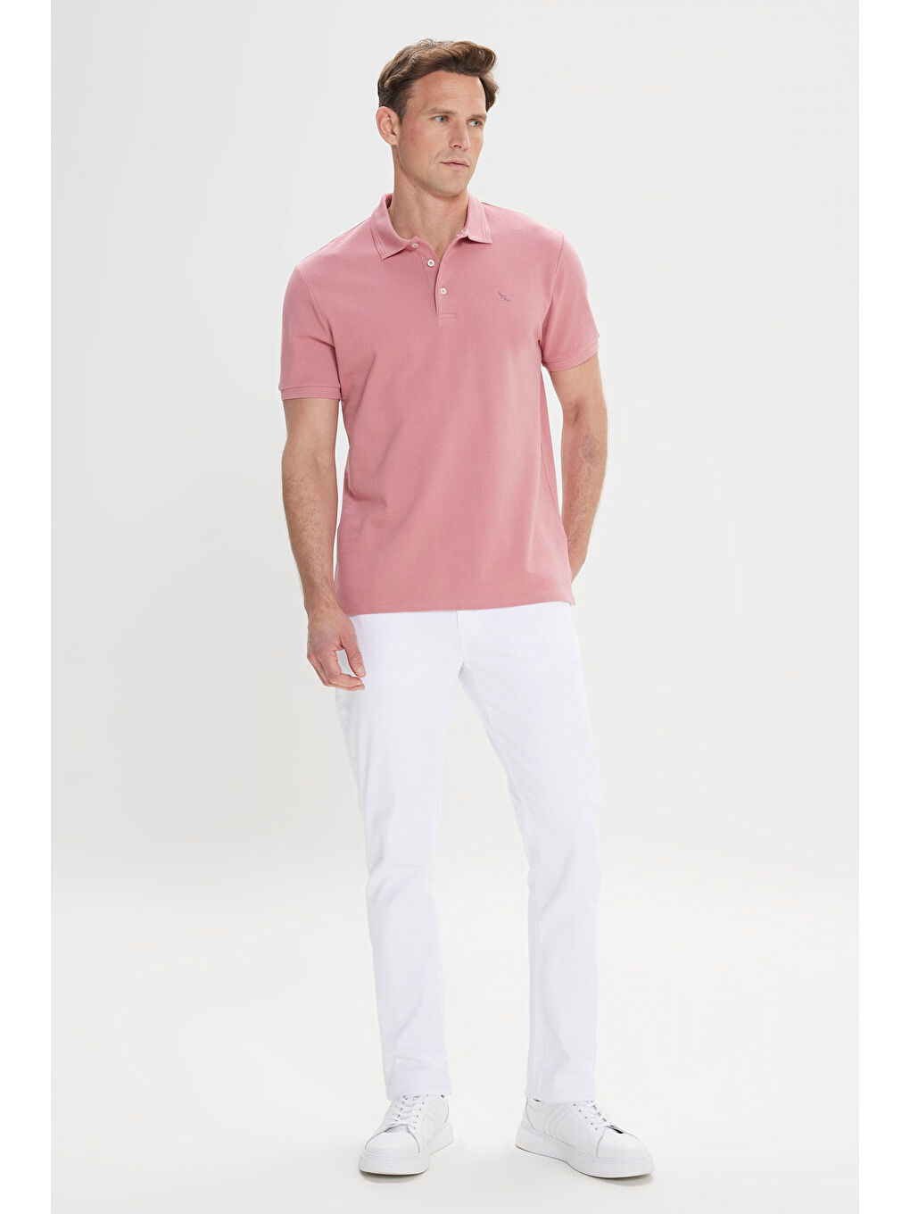Pembe Erkek Gül Kurusu Slim Fit Dar Kesim Polo Yaka %100 Pamuk Kısa Kollu Tişört-1