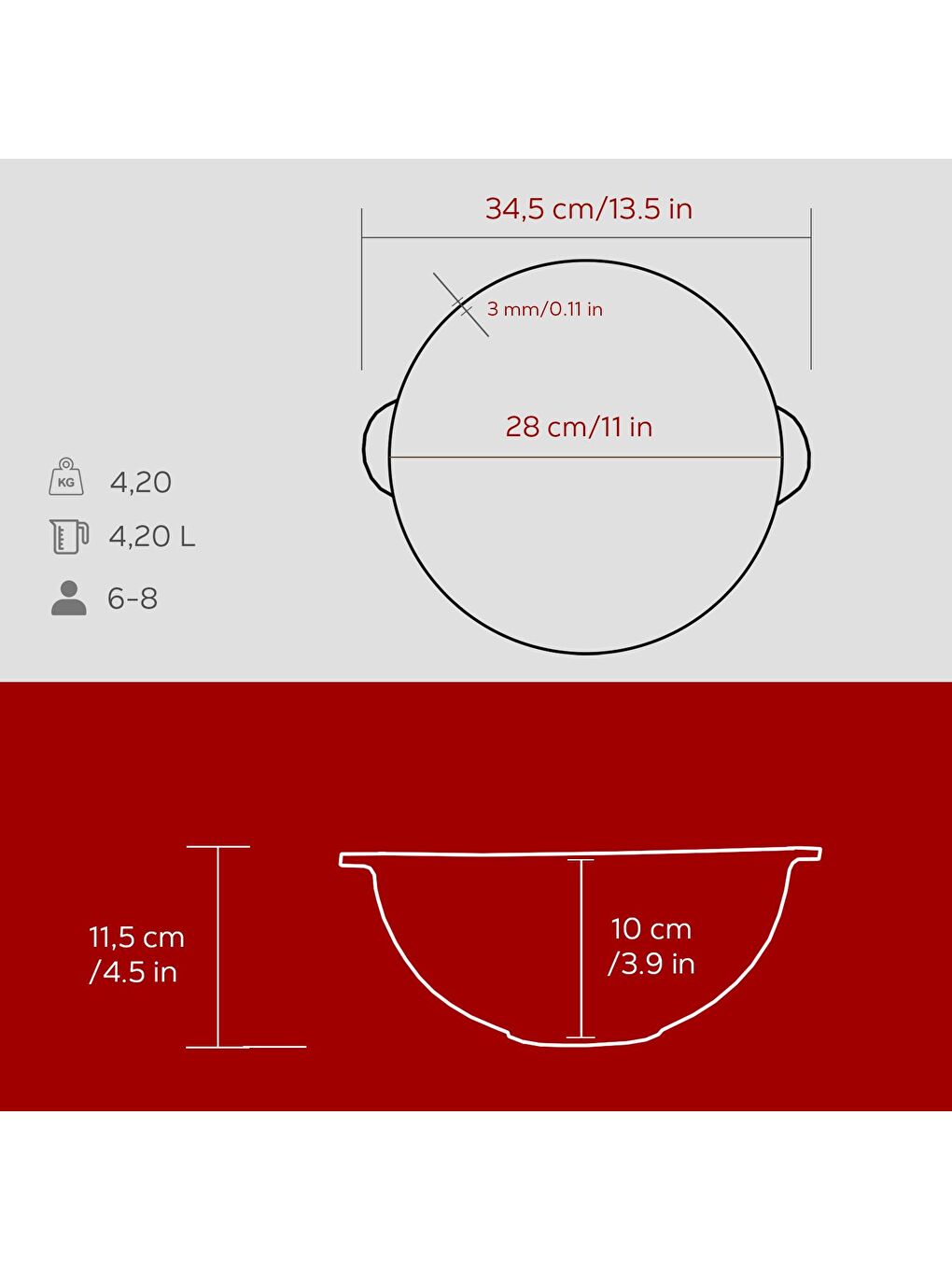 Bordo Yuvarlak Kazan / Tencere. Döküm Demir Yekpare Kulplu Çap(Ø)28cm.-4