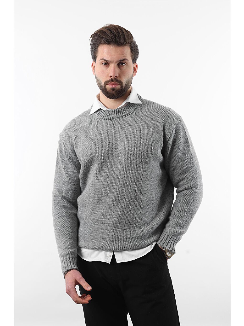 Gri Bisiklet Yaka Overfit Erkek Triko Kazak E7402-3