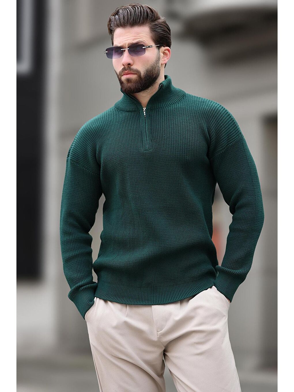 Petrol Yeşili Fermuar Yaka Triko Erkek Kazak E7295-1