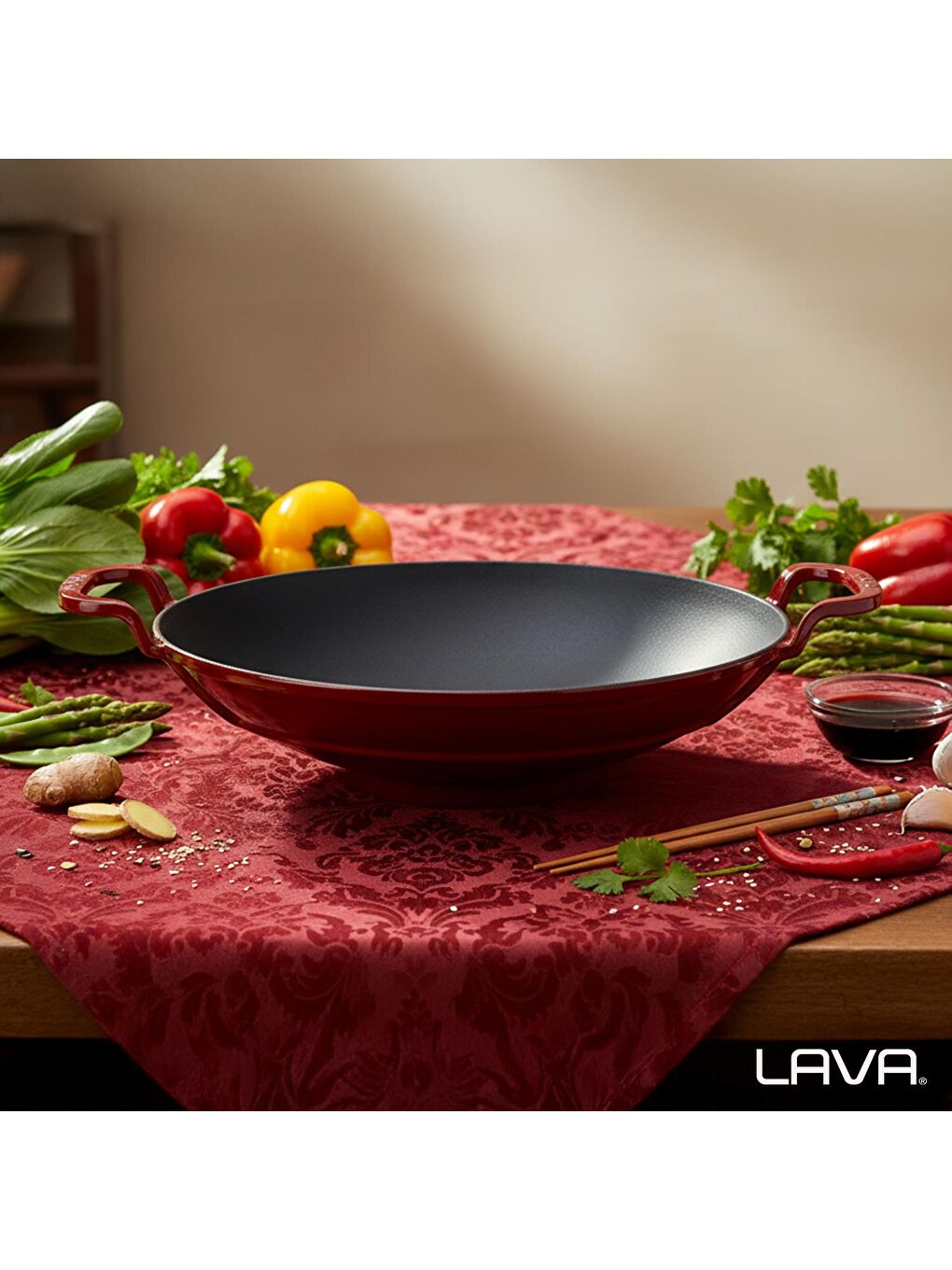 Bordo Yuvarlak Wok Döküm Demir Yekpare Çift Kulplu Çap(Ø)38cm.-6