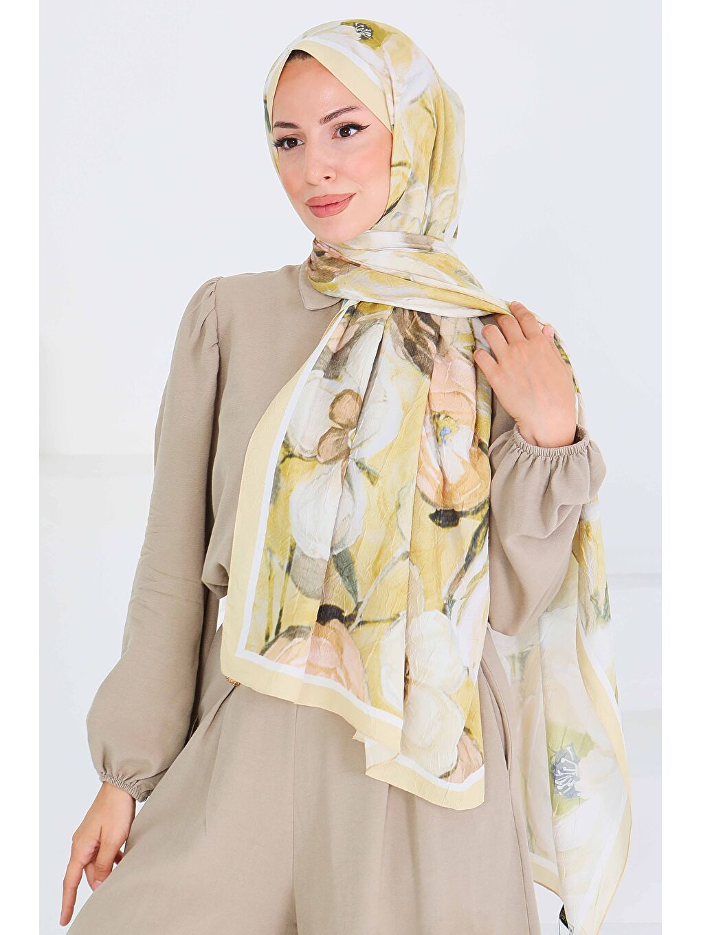 Desenli Bambu Kare Şal Yağ Yeşili - 27523