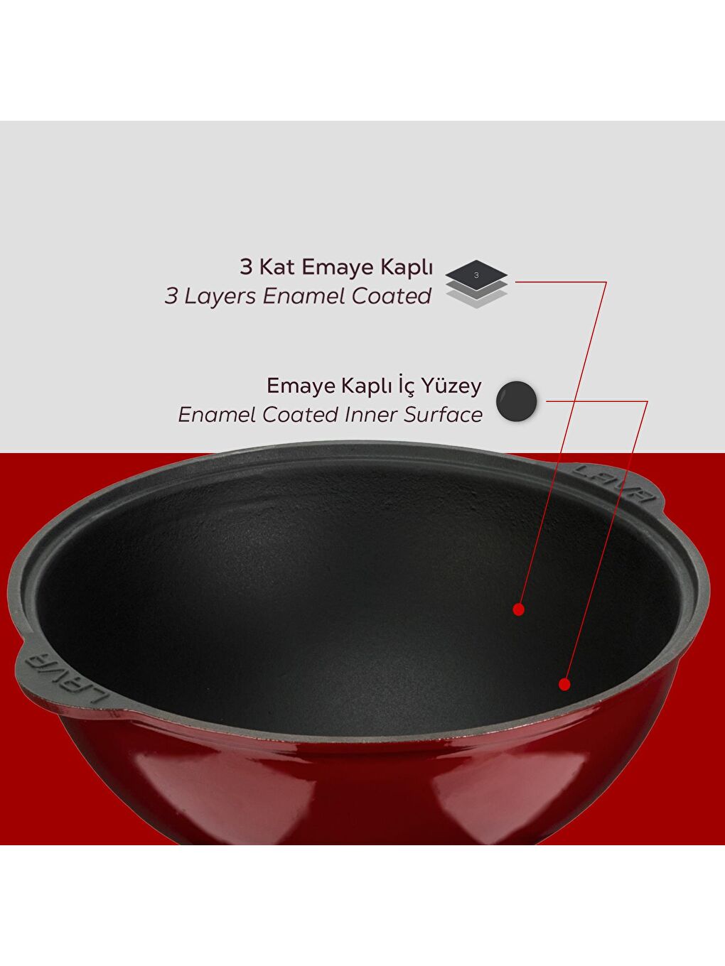 Bordo Yuvarlak Kazan / Tencere. Döküm Demir Yekpare Kulplu Çap(Ø)28cm.-5