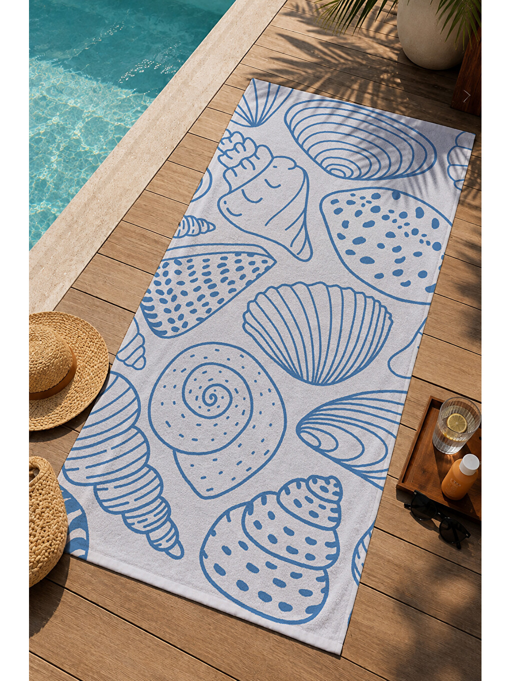 Mavi Beyaz Çizgisel Deniz Kabuğu Desenli 70x150 Cm Dijital Baskılı Plaj Ve Banyo Havlusu-2