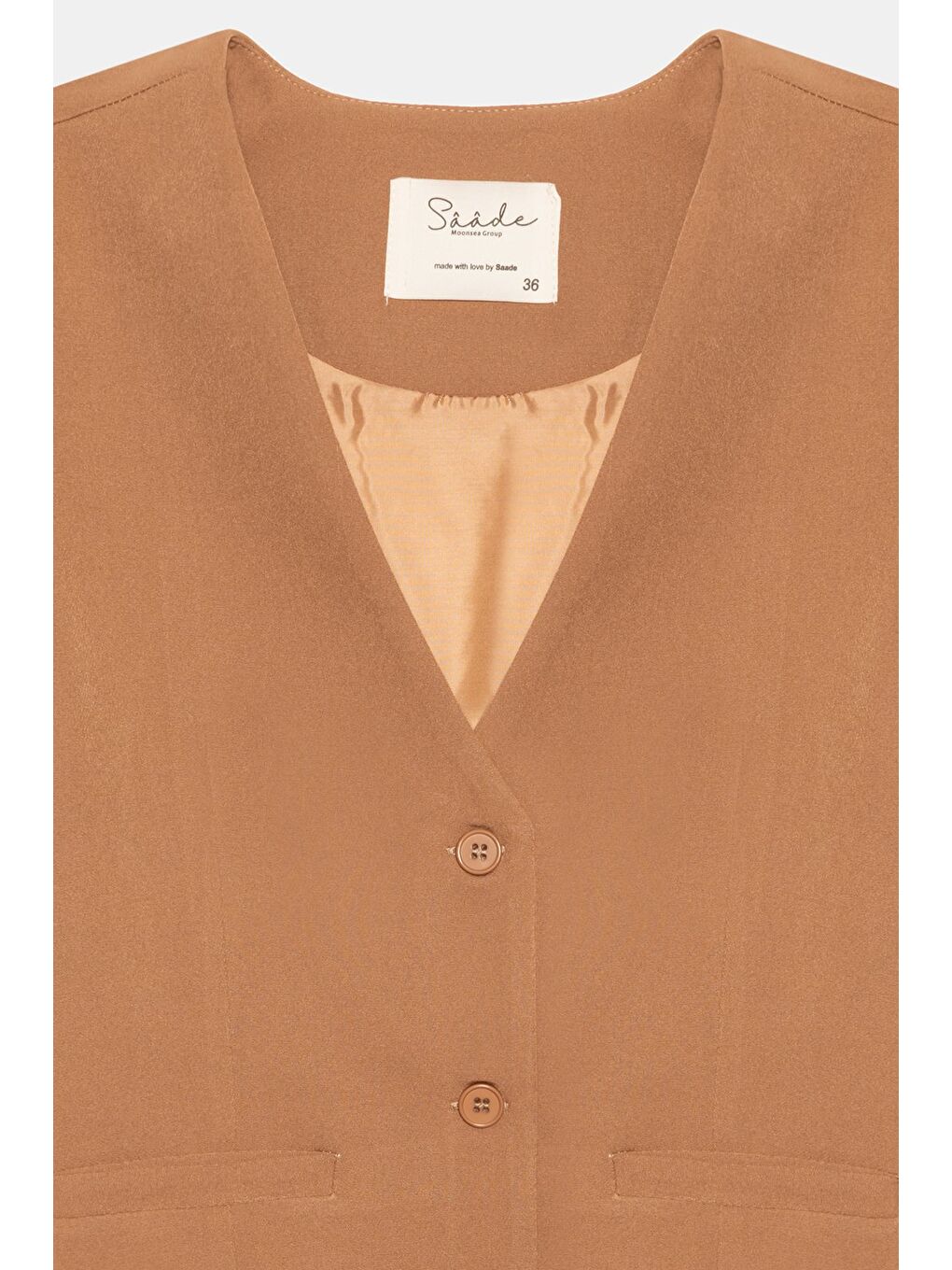 Kahverengi Kamel Kadın V Yaka Düğmeli Klasik Dokuma Blazer Yelek-2